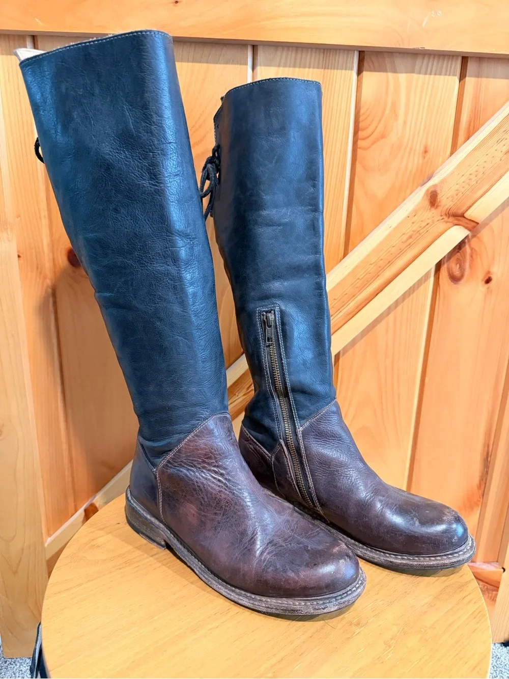 Bed Stu Two-Tone Tall Leather Riding Boots - Brown and Black